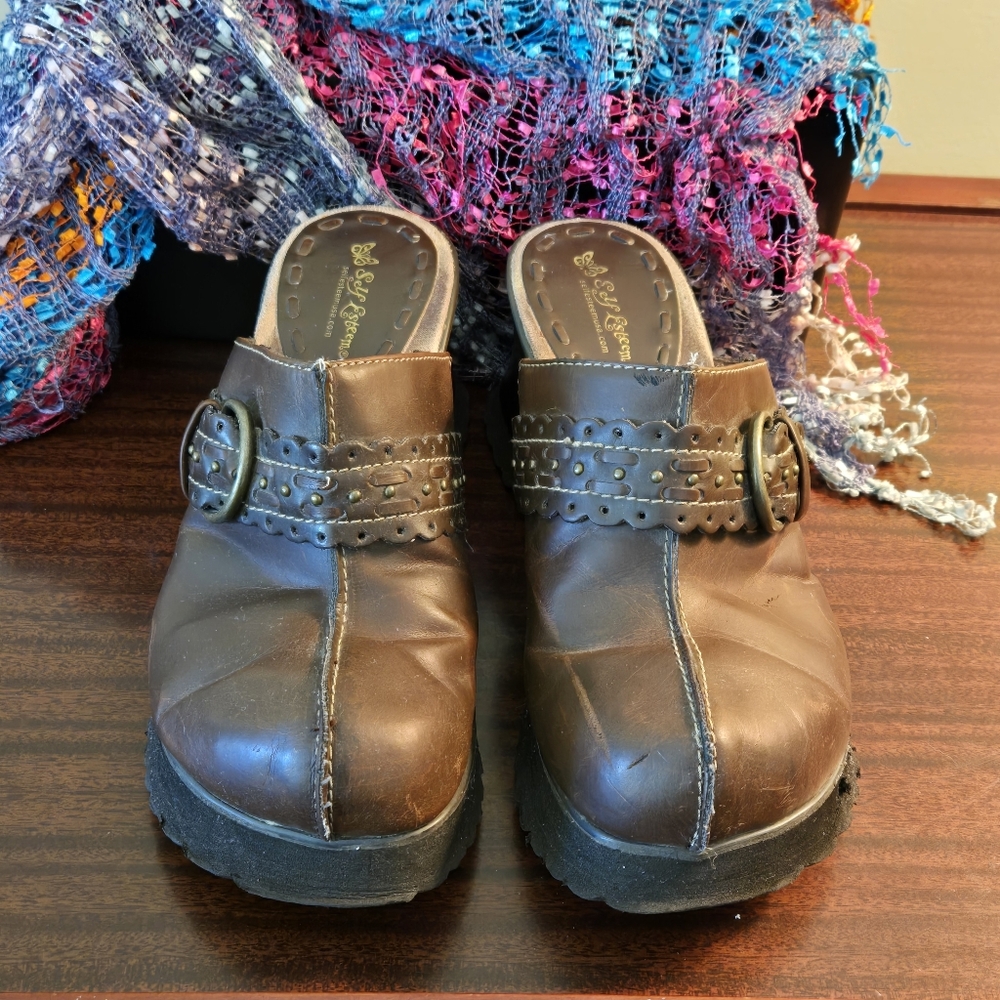 Vintage Self Esteem Brown Leather Platform Clogs – Size 10